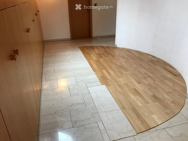 Hallway with a transition from marble tiles to wooden flooring, featuring a wooden cabinet on the left and a closed door at the end.
