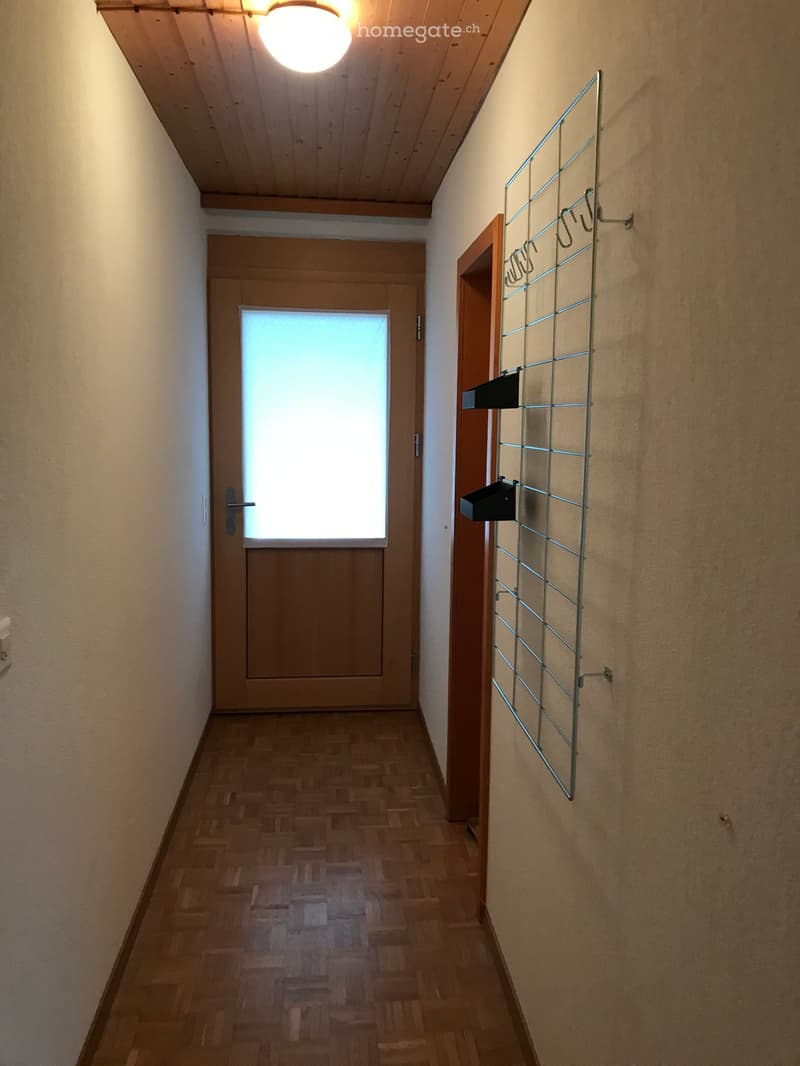 Empty hallway with wooden flooring, a wooden door with frosted glass panel, and a metal coat rack on the right wall.