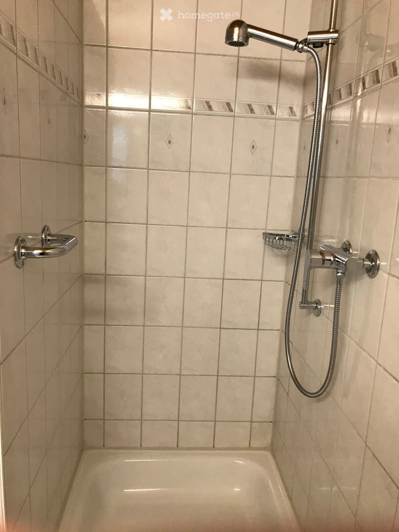 Bathroom with a bathtub, tiled walls, a showerhead with a handheld hose, and a towel rack.