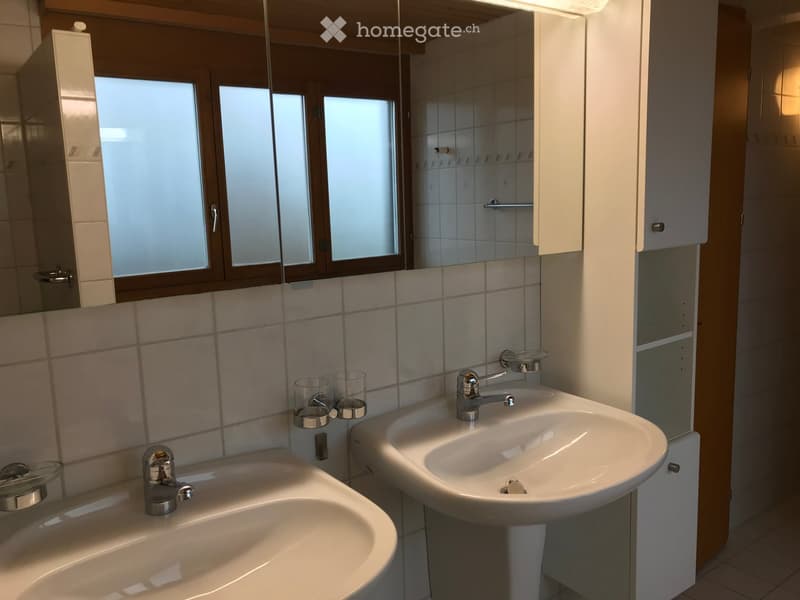 Bathroom with two sinks, mirrors, and cabinets. The sinks have modern chrome faucets, and there are two clear cups placed on the countertop.