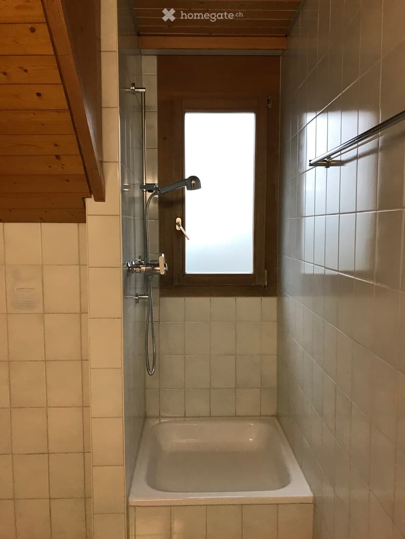 Modern bathroom with a bathtub, tiled walls, and a showerhead attached to the wall. The space features a window for natural light and a wooden ceiling.