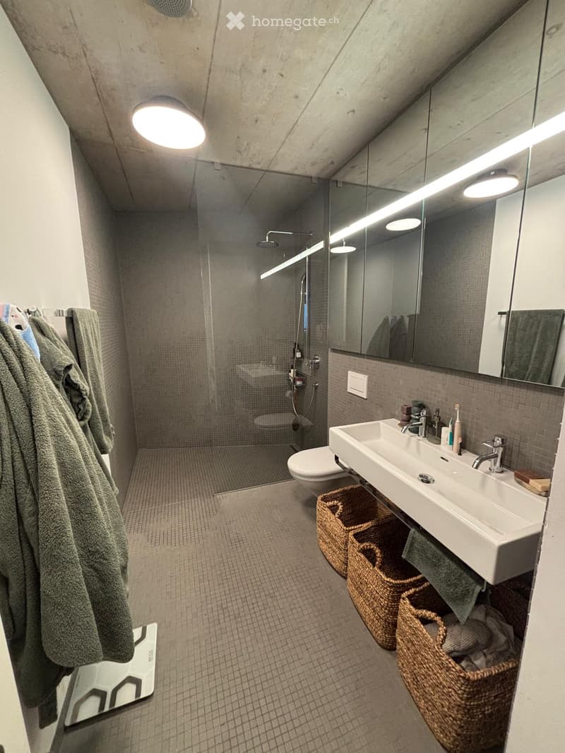 Modern bathroom with a white sink, large mirror, glass-enclosed shower, and wicker baskets under the sink.