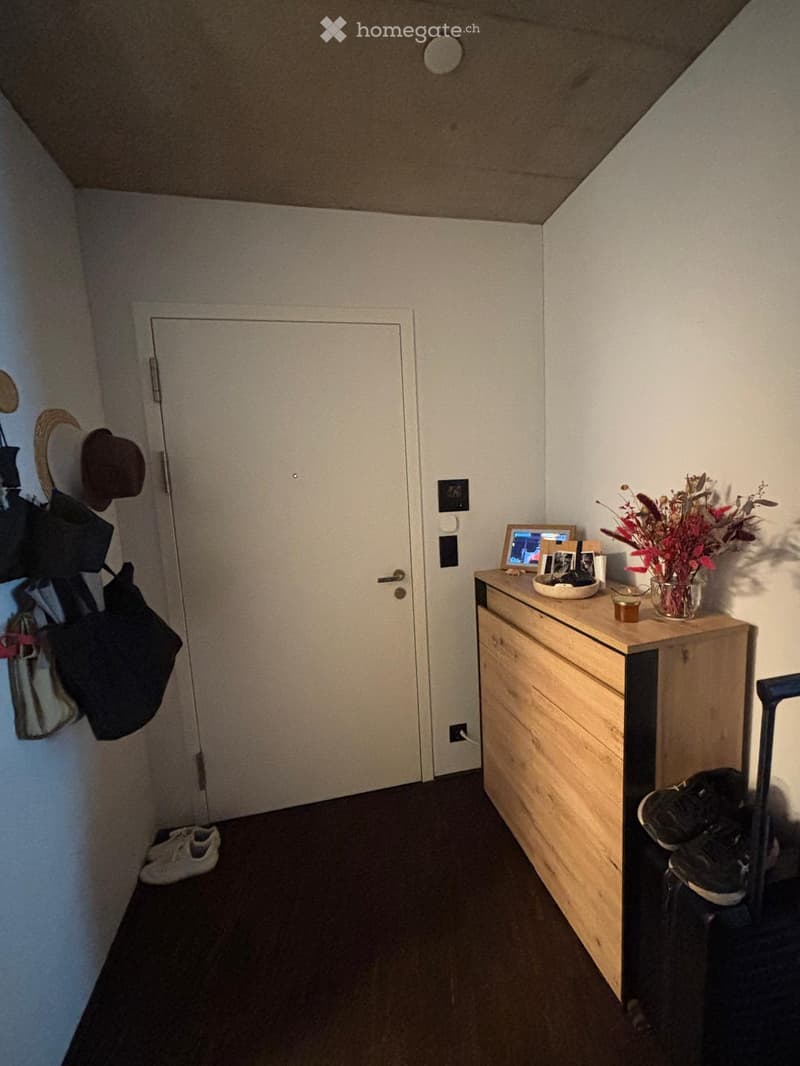 A small hallway with a wooden chest of drawers, a vase with dried flowers, picture frames, and shoes placed on the floor.