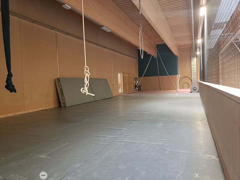 Empty room with wooden ceiling, grey tiled floor, and gymnastic equipment like ropes and bars in the background.