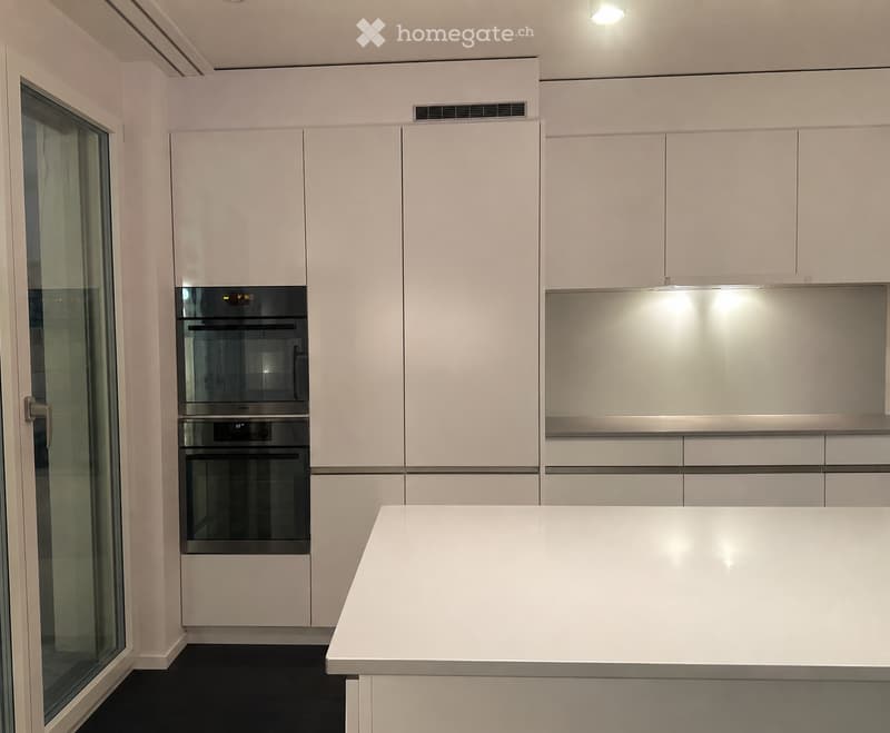 Modern kitchen with white cabinets, a built-in oven, and a white countertop.