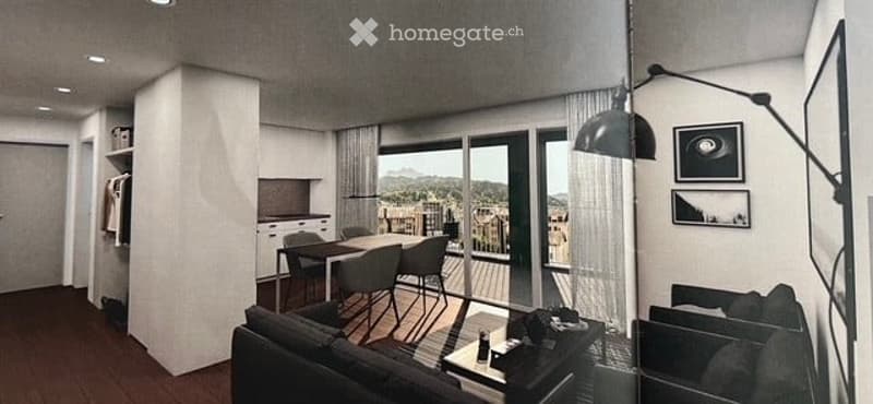 Modern open-plan living and dining area with large windows offering a scenic view, featuring a sofa, dining table with chairs, and a floor lamp.