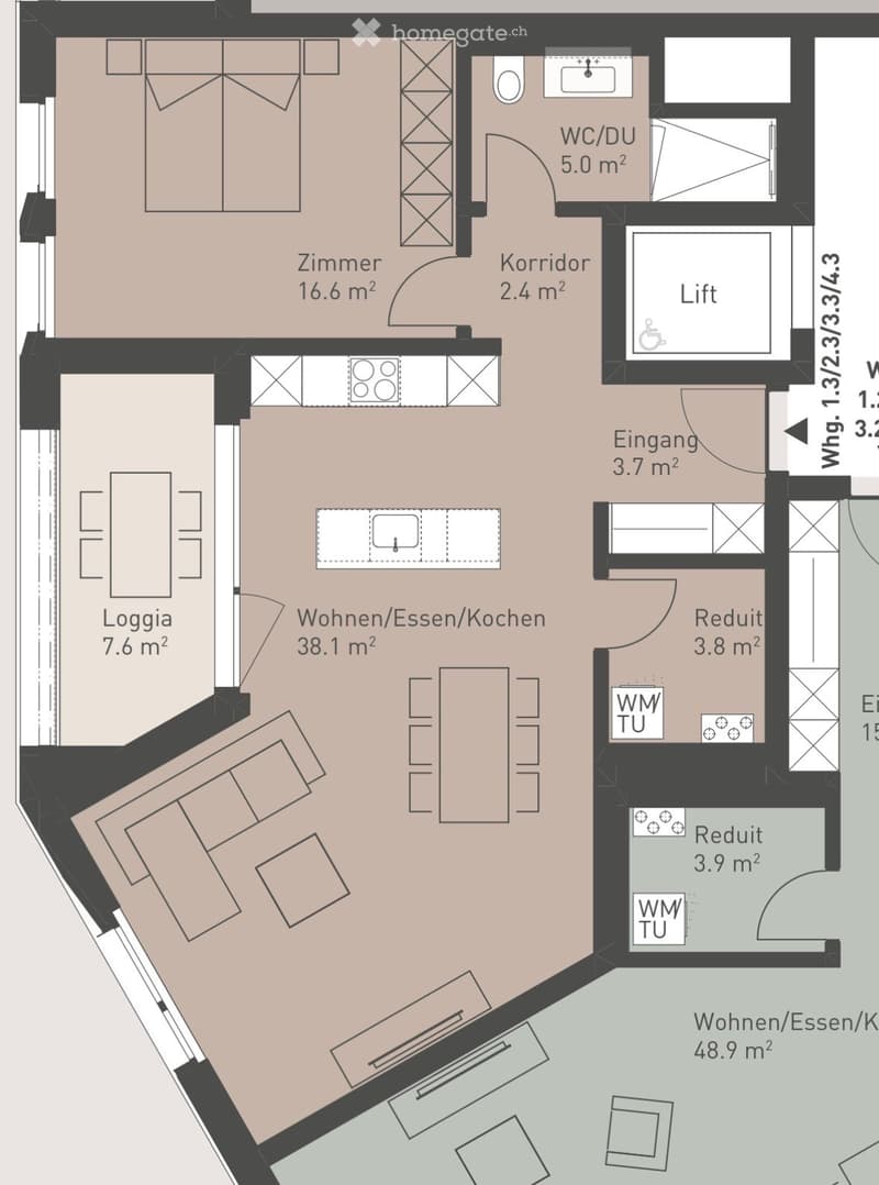 Floor plan showing a multi-room layout including living/dining/kitchen area, bedroom, hallway, WC/DU, and multiple storage areas.