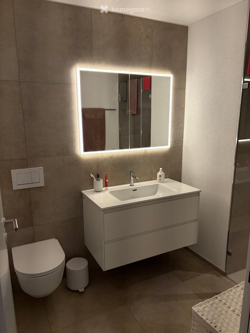 Modern bathroom with a white sink, mirror with LED lighting, toilet, and a small trash can. The sink has a faucet, a toothbrush holder, toothpaste, and a bottle of hand soap.
