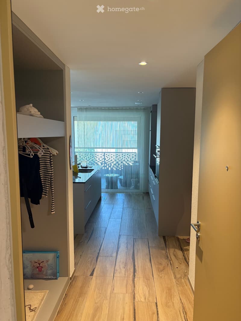 Modern hallway with wooden flooring, built-in closet with hanging clothes, and a view into a kitchen area with cabinets and a sink.