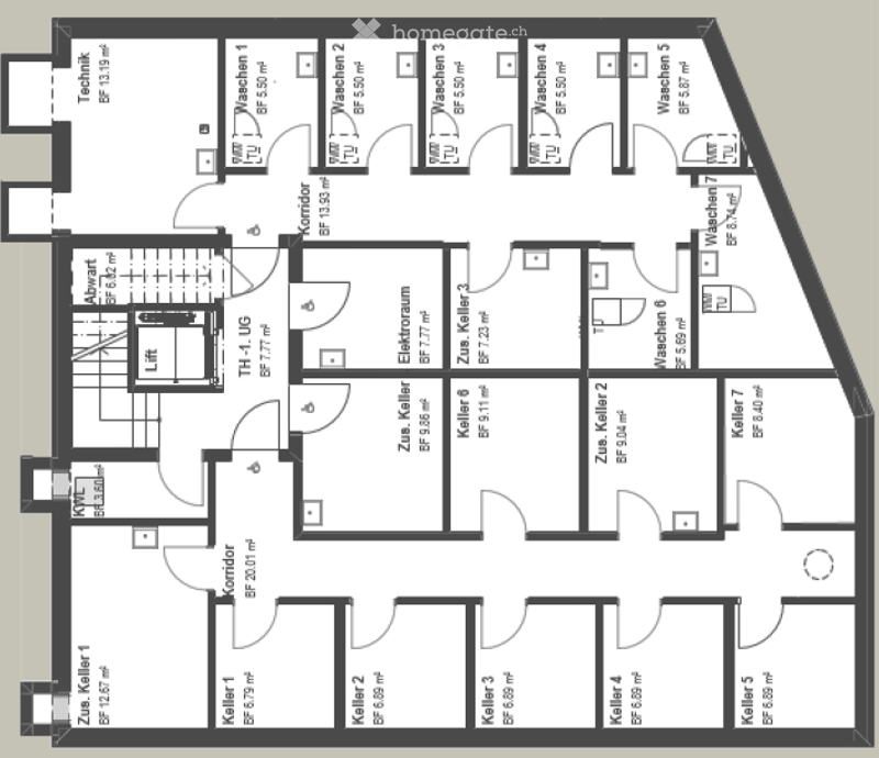 Floor plan of a multi-level building with multiple rooms, including living spaces, bedrooms, and technical areas.