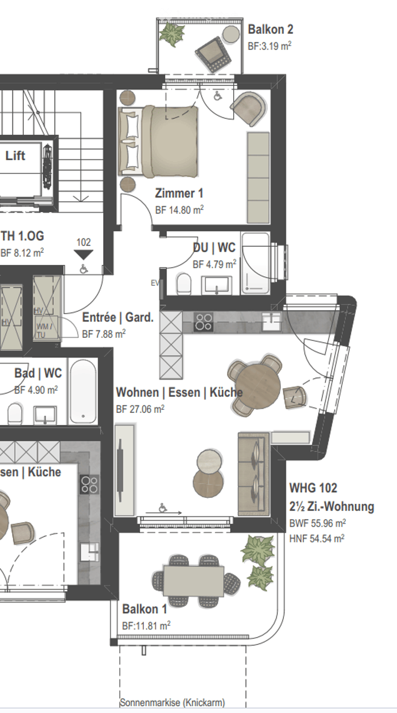 Floor plan of a 2.5-room apartment with living, dining, kitchen, bedroom, bathroom, and two balconies.