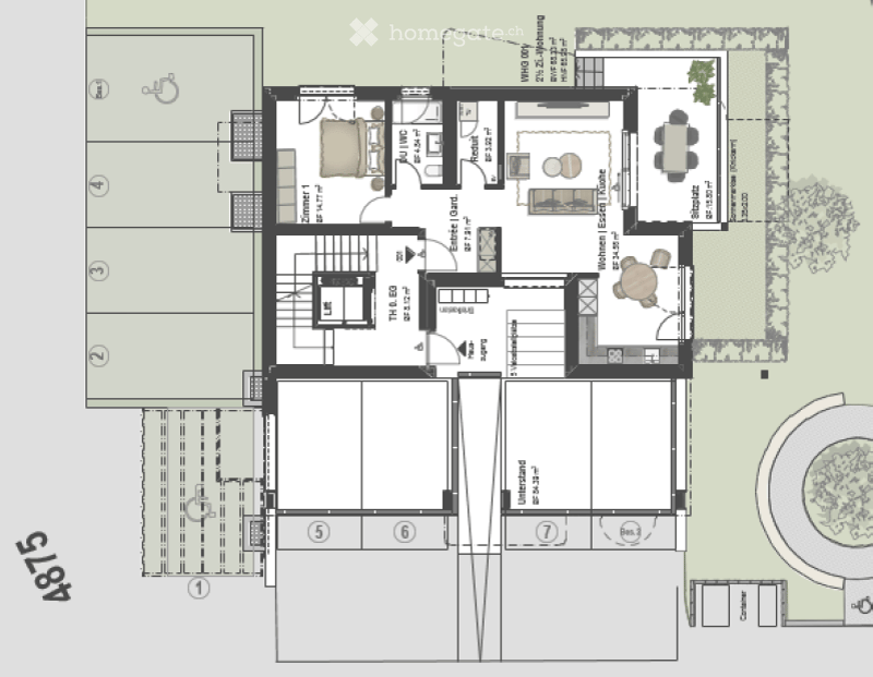 Floor plan of a multi-level residential building with labeled rooms including living room, dining room, bedrooms, bathrooms, and outdoor patio.