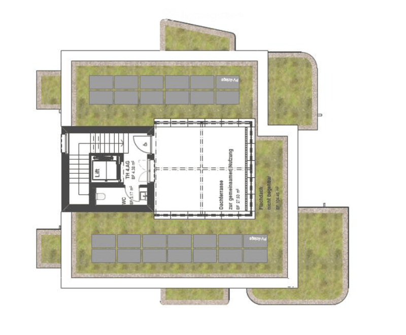 Top floor plan showing a large open space, several parking spaces, and a lift area.