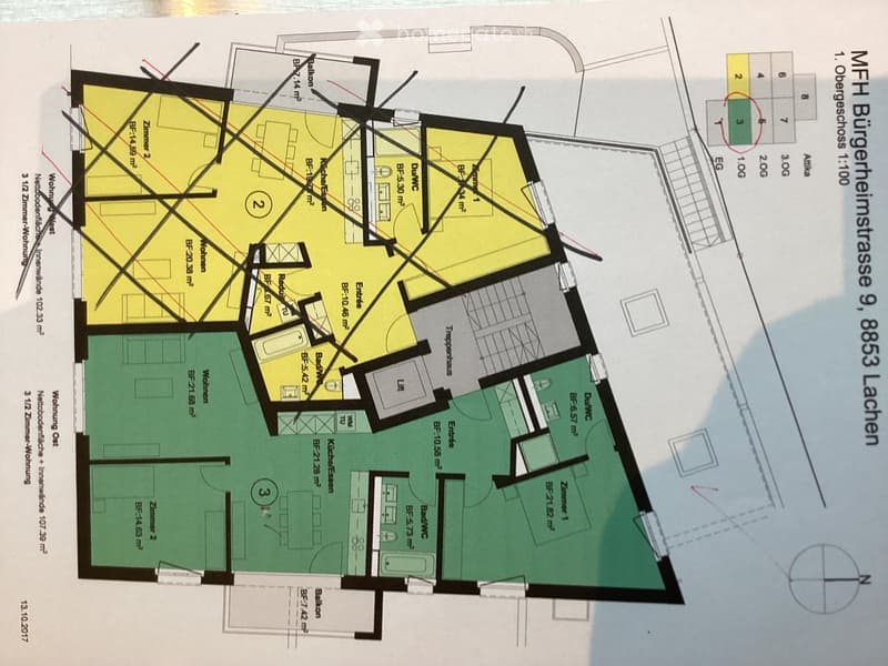 Floor plan of a multi-family house with three apartments, each having separate entrances, living spaces, bedrooms, bathrooms, and balconies.