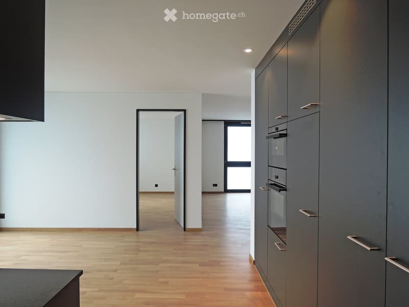 Empty kitchen area with light wooden flooring, grey cabinetry, and a doorway leading to another room.