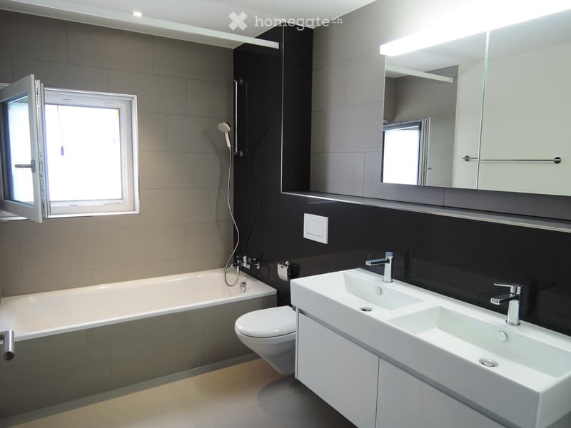 Modern bathroom with a bathtub, toilet, double sink, large mirror, and a shower. Features dark tiled walls and a large window.