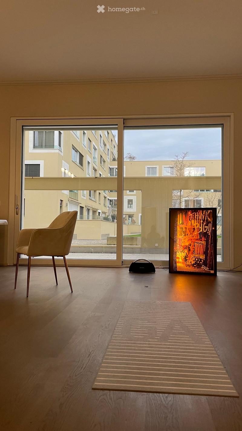 Modern, minimalist room with wooden flooring, large sliding glass doors leading to a balcony, a single chair, a screen displaying an image, a speaker, and a patterned rug.