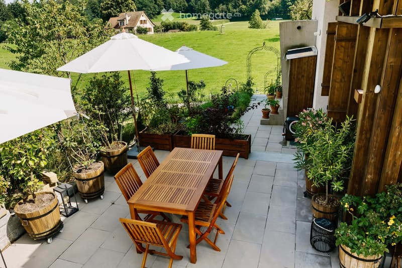 dining table, chairs, umbrellas, potted plants, fenced area