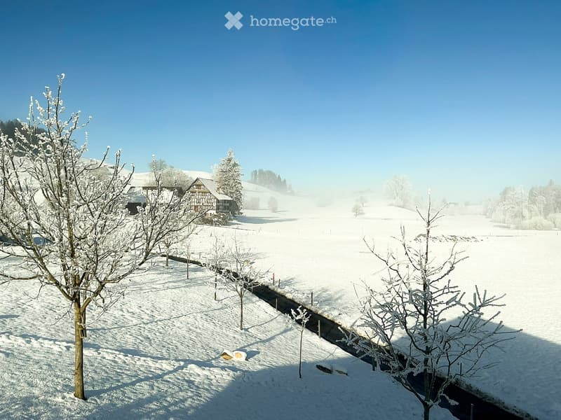 Snow-covered landscape with a traditional house, trees, and a clear blue sky.