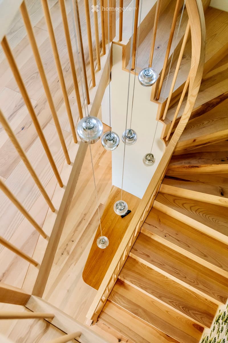 interior, wooden staircase, clear glass chandelier