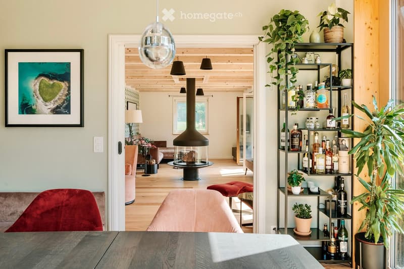 Dining table, chair, shelves with bottles and plants, picture frame, ceiling lights, open door leading to living room