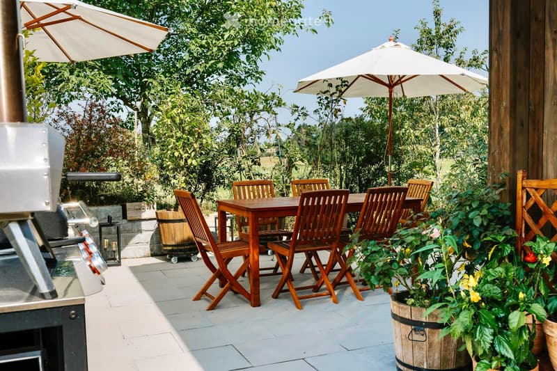 Outdoor dining area with wooden table and chairs, umbrellas, grill, potted plants, tiled floor