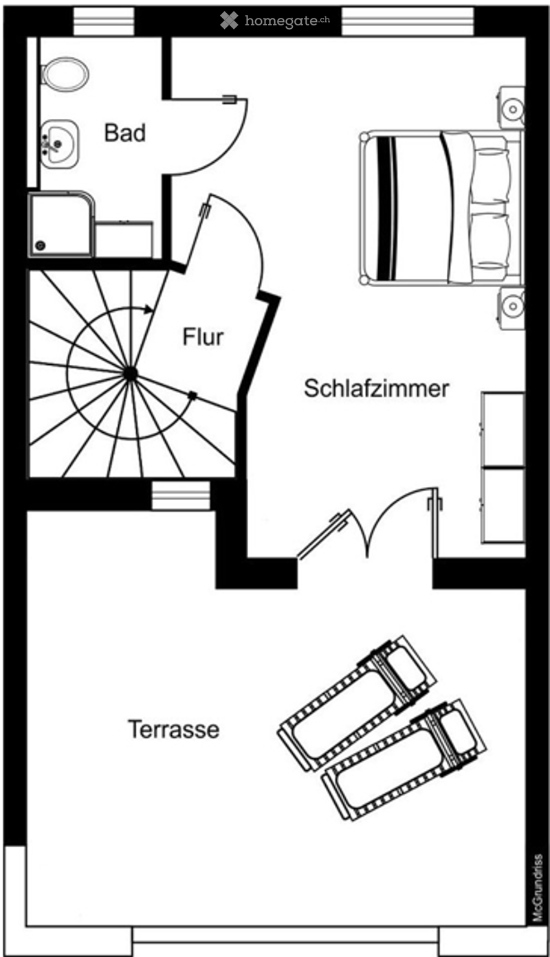 Floor plan showing a bathroom, living area, bedroom, and terrace with outdoor seating.