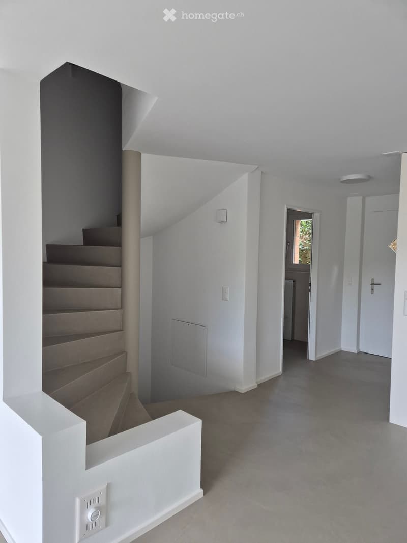 Modern, minimalist hallway with white walls, grey carpeted floor, and a staircase leading upwards. Features include recessed lighting, a white railing, and a door leading to another room.