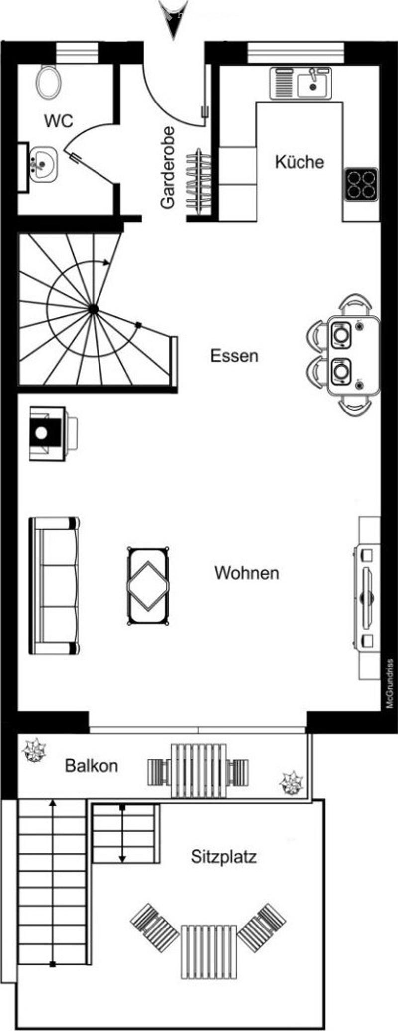 Floor plan of an apartment with a living area, kitchen, dining area, bedroom, bathroom, and balcony.