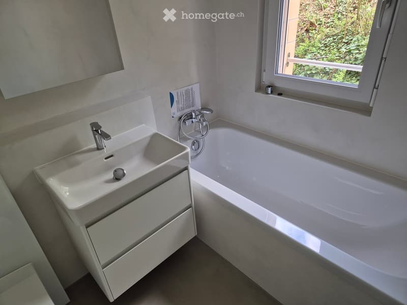 Modern bathroom with a white sink, bathtub, and mirror. The sink has a sleek design with a chrome faucet, and the bathtub is positioned next to a window offering a view of greenery outside.