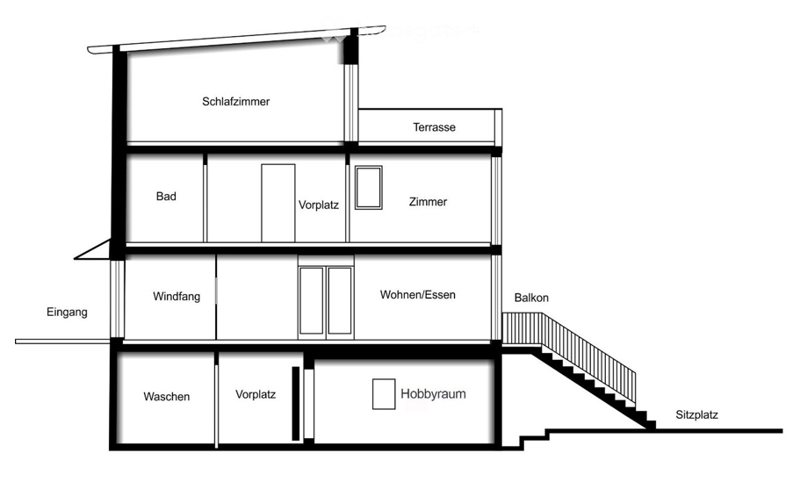 Floor plan showing a multi-level layout with rooms labeled in German: Schlafzimmer (bedroom), Terrasse (terrace), Bad (bathroom), Vorplatz (hallway), Zimmer (room), Wohnen/Esse (living/dining), Balkon (balcony), Windfang (hallway), Waschen (laundry), Hobb