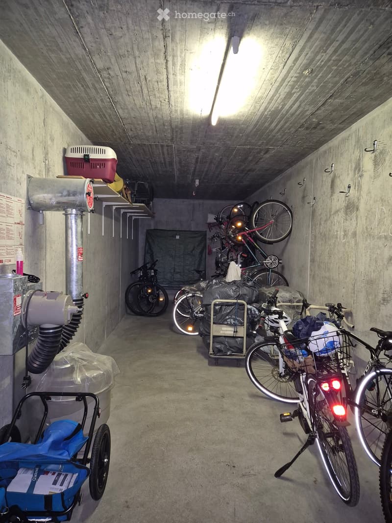 {"visible_features": ["Garage"], "type": "Garage", "objects": ["bicycle", "bicycle rack", "storage bin", "air conditioning unit"], "description": "Underground garage with multiple bicycles, a bicycle rack, storage bins, and an air conditioning unit.", "lo