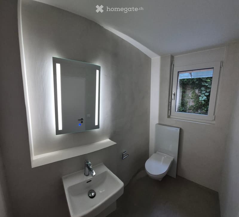Modern bathroom with a white sink, chrome faucet, illuminated mirror, and toilet. A small window shows greenery outside.