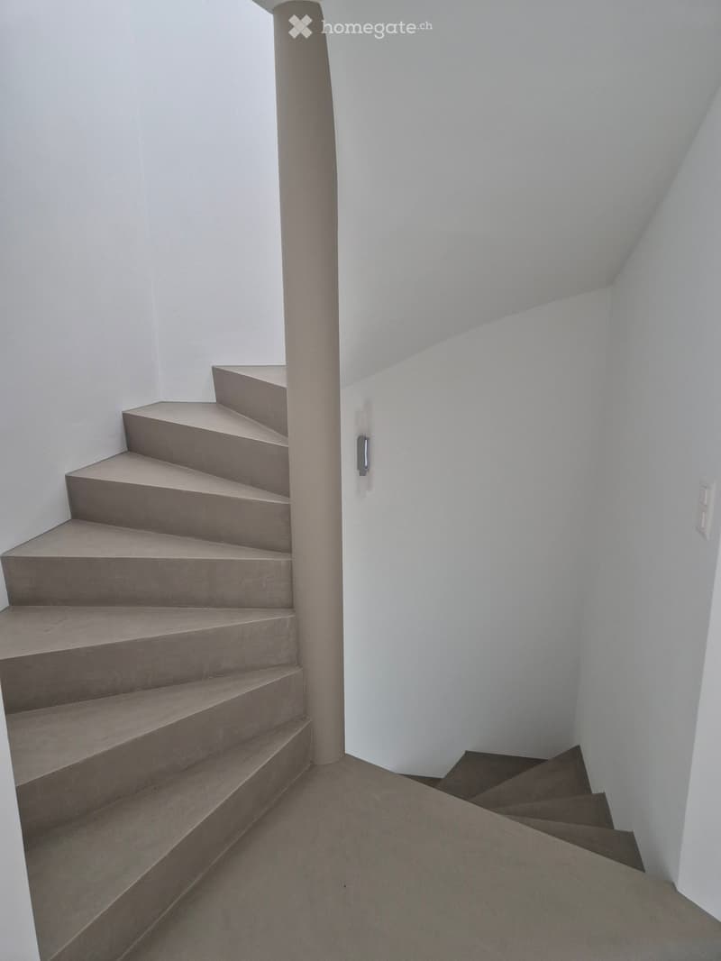 Modern staircase with concrete steps and a central column, white walls, and a carpeted landing area.
