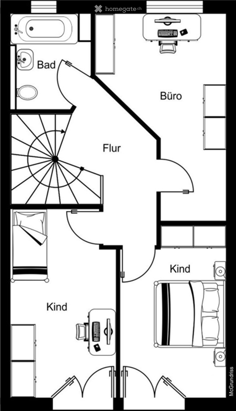 Floor plan of a 3-room apartment with a bathroom, office, and two bedrooms.