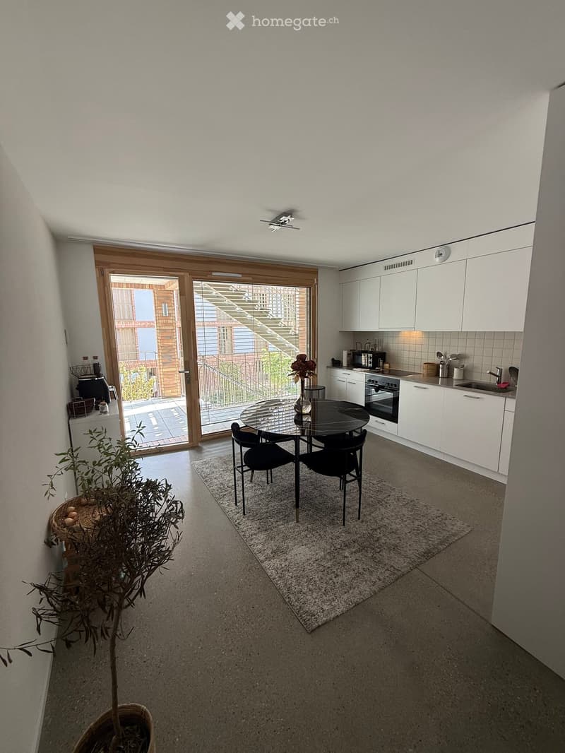 Modern kitchen and dining area with white cabinets, a black dining table with chairs, a potted plant, and a view to a balcony through large glass doors.
