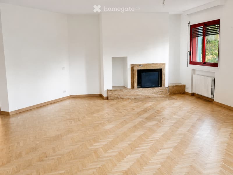 Empty room with light wooden herringbone flooring, white walls, and a fireplace with a dark screen. A window with red shutters is visible on the right side.