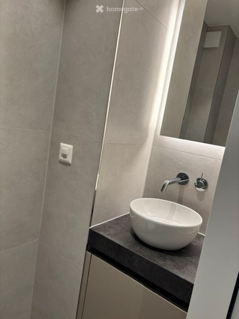 Modern bathroom with a white sink, sleek faucet, and a large mirror above it. The walls are tiled in a light grey color, and the countertop is dark grey.