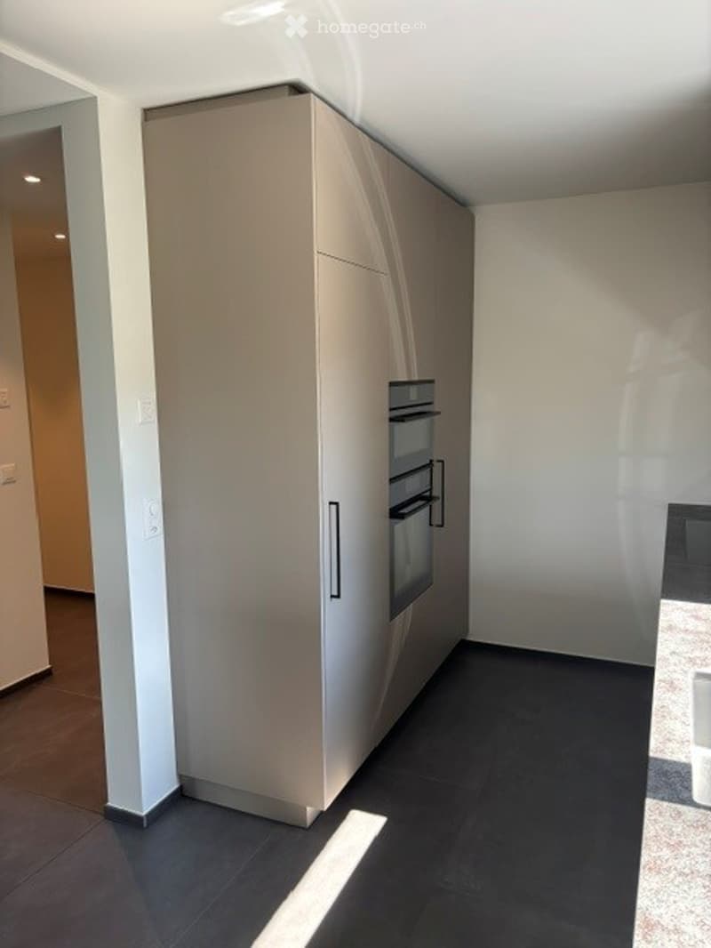 Modern kitchen with sleek, stainless steel refrigerator and built-in oven, dark tiled floor, white walls, and bright lighting.