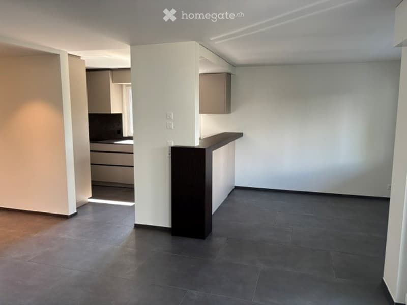 Open-plan space with a kitchen area and a living area, featuring modern cabinetry, a dark countertop, and dark tiled flooring.