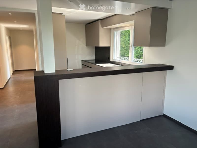 Modern kitchen with white cabinets, dark countertop, and a window overlooking greenery.