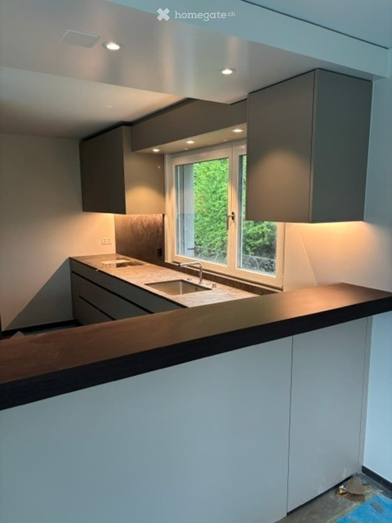 Modern kitchen with sleek grey cabinets, white countertops, and a large window offering a view of greenery outside. The space features a built-in sink and a wooden countertop.