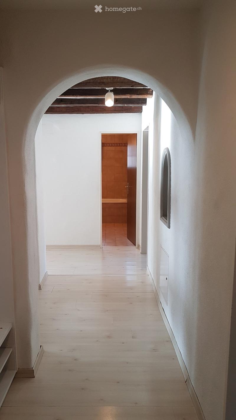 A long, arched hallway with white walls, wooden flooring, and a single hanging light fixture. A wooden door leads to another room at the end.