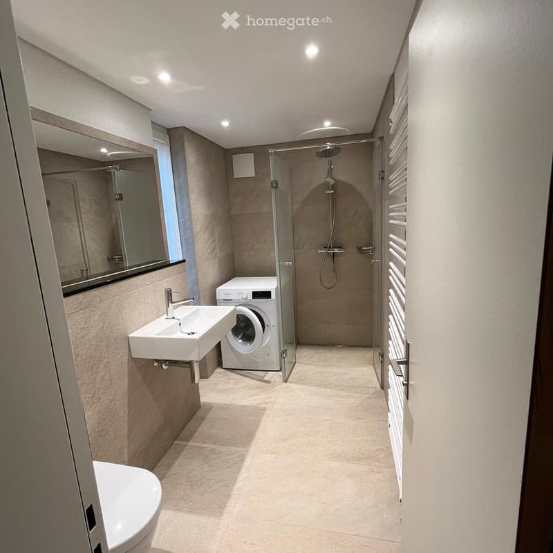 Modern bathroom with a sink, toilet, washing machine, glass-enclosed shower, and a radiator. Light-colored tiles and sleek fixtures.