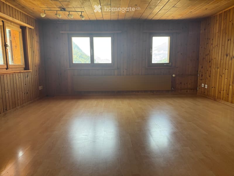 Empty room with wooden walls, wooden floor, large windows, radiator, and track lighting.