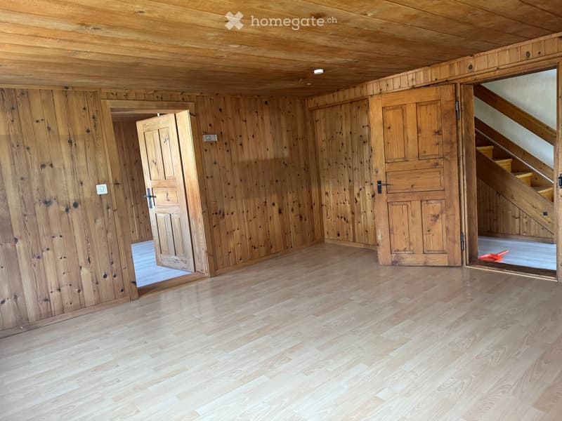 Empty room with wooden walls and floor, featuring several wooden doors and a visible staircase leading upwards.