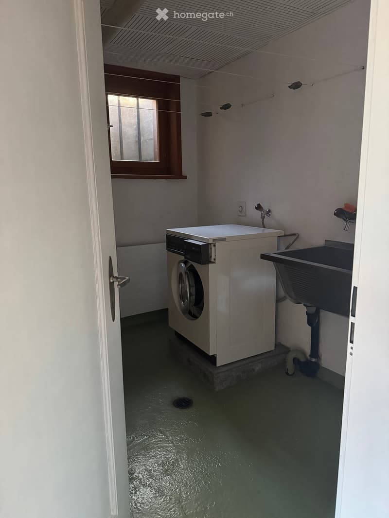 Utility room with a washing machine, sink, and window. The floor is wet, indicating recent use.