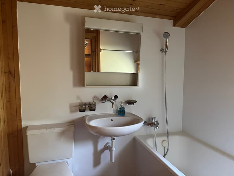 Modern bathroom with a white sink, toilet, bathtub, and a mirror cabinet above the sink. The room features wooden beams on the ceiling and a sleek, contemporary design.