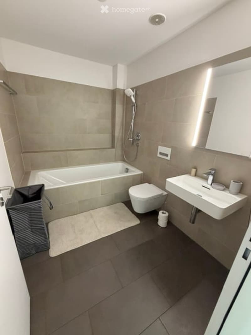Modern bathroom with a bathtub, toilet, sink, and shower. Features a large mirror, a bathroom cabinet, and a bath mat on the floor.