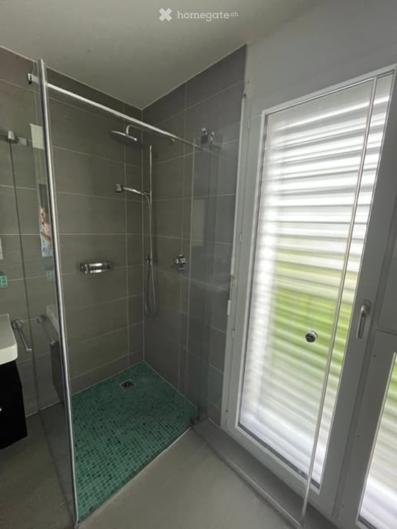 Modern bathroom with a glass-enclosed shower stall, green tiled floor, and a window with blinds.